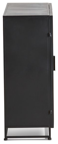 a black cabinet with two doors on the front and one door open to reveal something