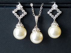 Pearl Bridal Jewelry Set, Swarovski Ivory Pearl Earrings&Necklace Set, Wedding Pearl Jewelry Set, Pearl Drop Earrings, Pearl Drop Pendant Elegant Cream Jewelry For Wedding, Formal Cream Pearl Earrings, Cream Pearl Drop Jewelry For Anniversary, Cream Dangle Jewelry For Wedding, Elegant White Bridal Necklace With Matching Earrings, Pearl White Jewelry With Matching Earrings For Wedding, Gold Sterling Silver Jewelry Sets For Wedding, White Sterling Silver Jewelry For Mother Of The Bride, Sterling Silver White Jewelry For Mother Of The Bride