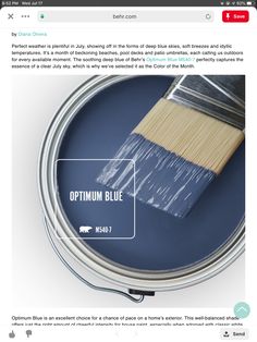 a blue paint can with a brush in it and the caption below reads, optimium blue