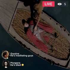 two people on a boat in the water, one is laying down and the other is standing up