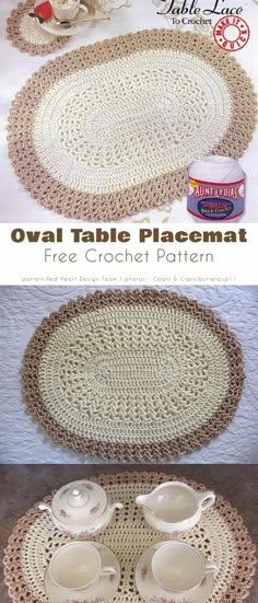 crocheted oval table placemat with cups and saucers on it, is shown in