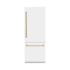 a white refrigerator freezer sitting next to a wooden stick on top of it's door