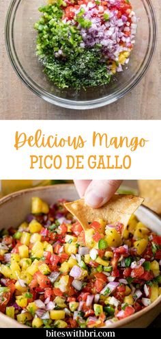 a bowl filled with salsa and tortilla chips next to the words pelicious mango pico de gallo