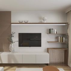 a modern living room with white furniture and wooden shelves on the wall, along with a flat screen tv