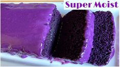 three different types of purple cake on a plate with the words super moist written above them