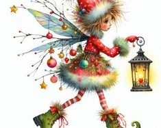 a painting of a girl dressed as a christmas fairy running with a lantern and boots