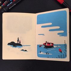 an open book with two people standing on a boat in the water and one person holding a fishing rod