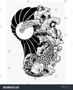 koi fish and flowers in black and white ink on paper, with the sun behind it