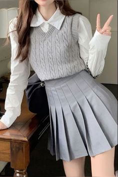 Sweater Vest Outfit Academia, Sweater Vest Outfit Drawing, Sweater Vest Outfit With Skirt, Light Academia Uniform, Dark Academia Vest Outfit, Crew Neck Sweater Vest, Skirt And Sweater Vest Outfit, Academia Outfits Women, Gray Sweater Vest Outfit