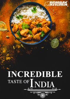 the book cover for incredible taste of india, featuring rice and chicken in a blue bowl