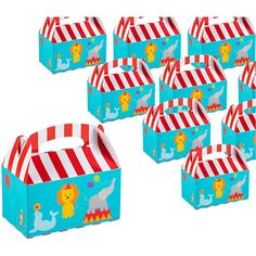 a bunch of small boxes with circus theme on them