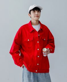 Red Loose Denim Jacket | Jinsoul - Loona XL Red Relaxed Fit Outerwear For Streetwear, Red Winter Denim Jacket, Red Denim Jacket For Winter, Casual Red Denim Outerwear, Casual Red Outerwear, Casual Red Long Sleeve Denim Jacket, Red Denim Jacket With Pockets, Red Cotton Denim Jacket For Streetwear, Casual Red Cotton Outerwear