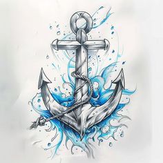 an anchor with blue water splashing around it on a white sheet of paper that is drawn by hand