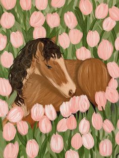 an acrylic painting of a horse laying in the middle of pink tulips