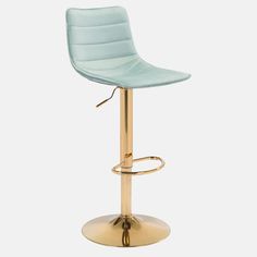 a blue and gold bar stool with an adjustable foot rest on a metal base, against a white background