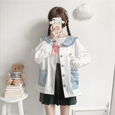 Material: polyester fiber Color: white，blue Size:one size length: 64cm, sleeve: 58cm, Shoulder: 42cm,bust:108cm Tips: 1cm = 0.3937inch About color&size difference: According to the light and different computer monitor, the color may be slightly different as pictures. Besides, please allow 1-3cm measurement differ due to manual making. Your understanding and support are highly appreciated. White Harajuku Long Sleeve Outerwear, White Harajuku Style School Outerwear, Harajuku Style White Outerwear For School, White Harajuku Outerwear For School, Kawaii Long Sleeve Cotton Outerwear, Cute Long Sleeve Patchwork Outerwear, Long Sleeve Cotton Outerwear For School, Casual White School Outerwear, Casual White Outerwear For School