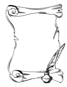 an ink drawing of a scroll with a quill on it and a bird's feather