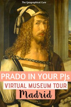 a man with long hair wearing a pirate hat and holding a book in his hand that says prad in your pis virtual museum tour madrid