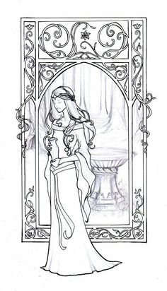 a drawing of a woman holding a baby in front of an ornate frame with flowers and vines