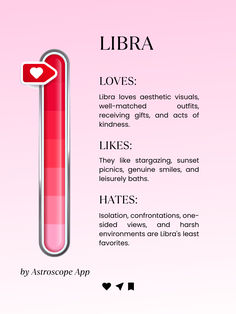 a pink thermometer with an arrow on it's side and words describing libra love