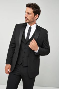 Buy Black Regular Fit Tuxedo Suit Jacket from the Next UK online shop Black Groomsmen Suits, Groom Suit Black, Black Tuxedo Suit, Suit Fit Guide, Men's Tuxedo, Black Suit Wedding, Smart Jackets, Wedding Suits Groom, Tuxedo Suit