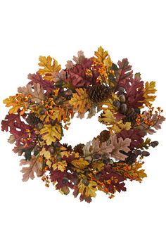 an autumn wreath with leaves and acorns