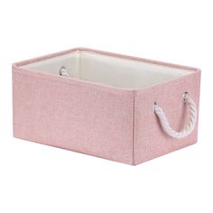 a pink fabric storage box with rope handles