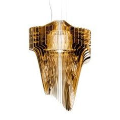 a gold colored chandelier hanging from a ceiling with lights in the shape of wings