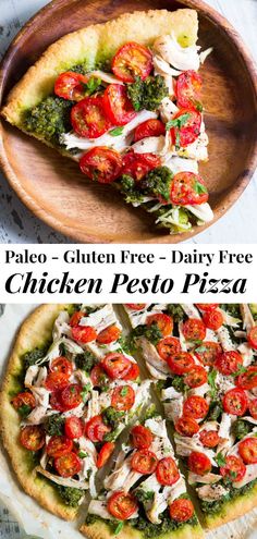 a pizza with chicken, tomatoes and pesto on it is shown in two different pictures