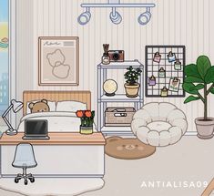 a cartoon bedroom with a bed, desk and shelves