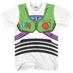 a white t - shirt with an image of the character buzz lightyear from toy story