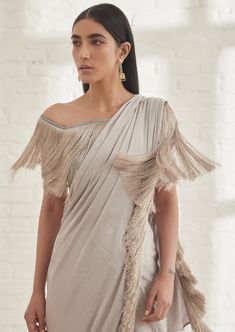 Our noor fringe sari features a full pre-draped sari that looks like a regular sari with our signature fringe detail. Pair it with the off shoulder fringe top or get in touch for more blouse options. Fringe Top, One Shoulder Dress, Flapper Dress, Shoulder Dress, Off Shoulder, That Look, One Shoulder, Grey