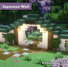 the japanese wall in minecraft with purple flowers and trees on either side of it