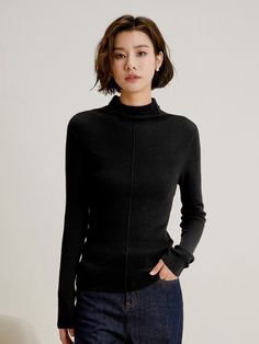 This is a feminine and romantic top by LANGSON that is made out of high quality cotton wool, nylon, acrylic, and mohair blend fabric. With design detail of warm turtleneck detail and slim silhouette, it gives a trendy and feminine look.- Turtleneck detail- Slim silhouette- Feminine and modern mood Trendy Mock Neck Top For Winter, Classic Fitted Knit Top For Winter, Trendy Fitted Turtleneck Knit Top, Fitted Mock Neck Top For Winter, Trendy Fitted Mock Neck Top For Winter, Elegant Stretch Mock Neck Top For Fall, Fitted Winter Turtleneck Knit Top, Fitted Turtleneck Knit Top For Winter, Trendy Mock Neck Top For Winter Workwear