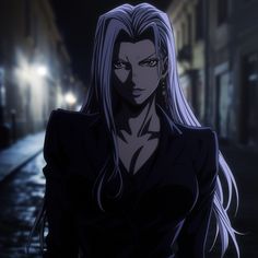 a woman with long hair standing on a street at night in an animated style scene