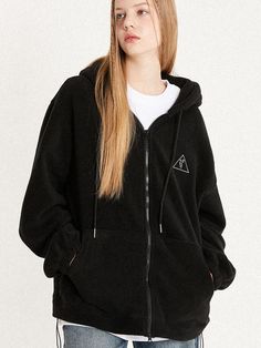 It is a comfy and cozy hooded zip up jacket. The jacket is made of micro fleece fabric bonded with boa fleece fabric. The boa fleece inside keeps warmth in winter. These are basic items that are good to match with various items. Recommend having this as a versatile casual item.  - Graphic logo patch on front- Drop shoulder silhouette- Oversized fit- Daily and unisex item Cozy Black Fleece Hooded Jacket, Black Cozy Hooded Jacket With Fleece Lining, Black Fleece-lined Hooded Jacket, Cozy Black Fleece Jacket, Hooded Fleece Jacket With Zipper, Hooded Fleece Jacket With Zipper Closure, Hooded Fleece Jacket With Detachable Hood, Fleece Jacket With Detachable Hood, Hooded Fleece Jacket With Double-lined Hood