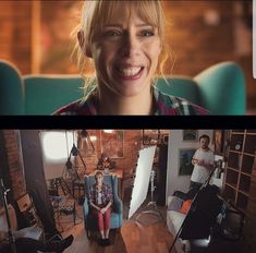 two different shots of a woman sitting in a blue chair and smiling at the camera