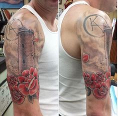 a man with a castle tattoo on his arm and shoulder, in the process of being tattooed