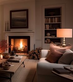 a living room filled with furniture and a fire place next to a book shelf full of books