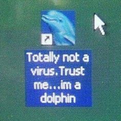 there is a blue sign that says totally not a virus trust me i'm a dolphin