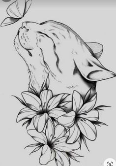 a drawing of a cat with flowers and butterflies on it's back side, in black and white