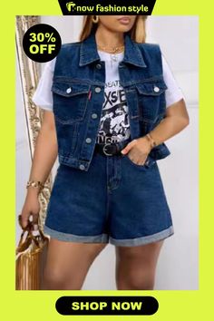 Casual Turndown Collar Sleeveless Pocket Denim Vest And Shorts Vacation Two Pieces Shorts Sets Denim Style Casual, Short Vacation, Two Piece Short Set, Shorts Sets, Sleeveless Suit, Turndown Collar, Casual Sets, Denim Vest, Wholesale Fashion