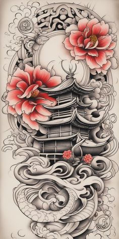 Una imagen de un tatuaje japonés, con un estilo de Blackwork sobre un lienzo en blanco. El diseño está lleno de color, mostrando la rica tradición y simbolismo de la cultura japonesa. Japan Tattoos For Guys, Japanese Umbrella Tattoo, Japanese Shrine Tattoo, Black Geisha Tattoo, Japanese Flower Tattoo Men, Irezumi Tattoo Design Japanese Style, Chinese Temple Tattoo, Japanese Sleeve Tattoos Women, Japanese Half Sleeve Tattoo