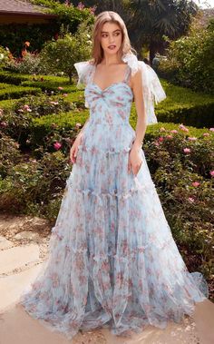 Andrea and Leo A1332 Blue Princess Dress Prom, Andrea And Leo, Blue Princess Dress, Tulle Straps, Floral Print Gowns, Floral Dress Formal, Tulle Flowers, Printed Gowns, A Line Prom Dresses