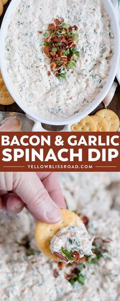 bacon and garlic spinach dip in a white bowl with crackers