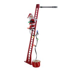 a santa clause climbing up a red ladder