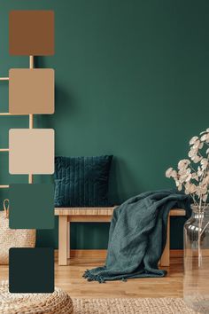 a living room with green walls and furniture