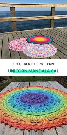 the rainbow crochet doily is made with yarn, and sits on a wooden deck