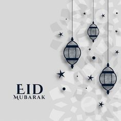 an eid mubarak greeting card with hanging lanterns and stars on grey background