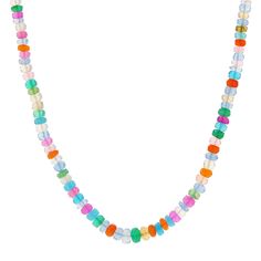 a multicolored beaded necklace on a white background